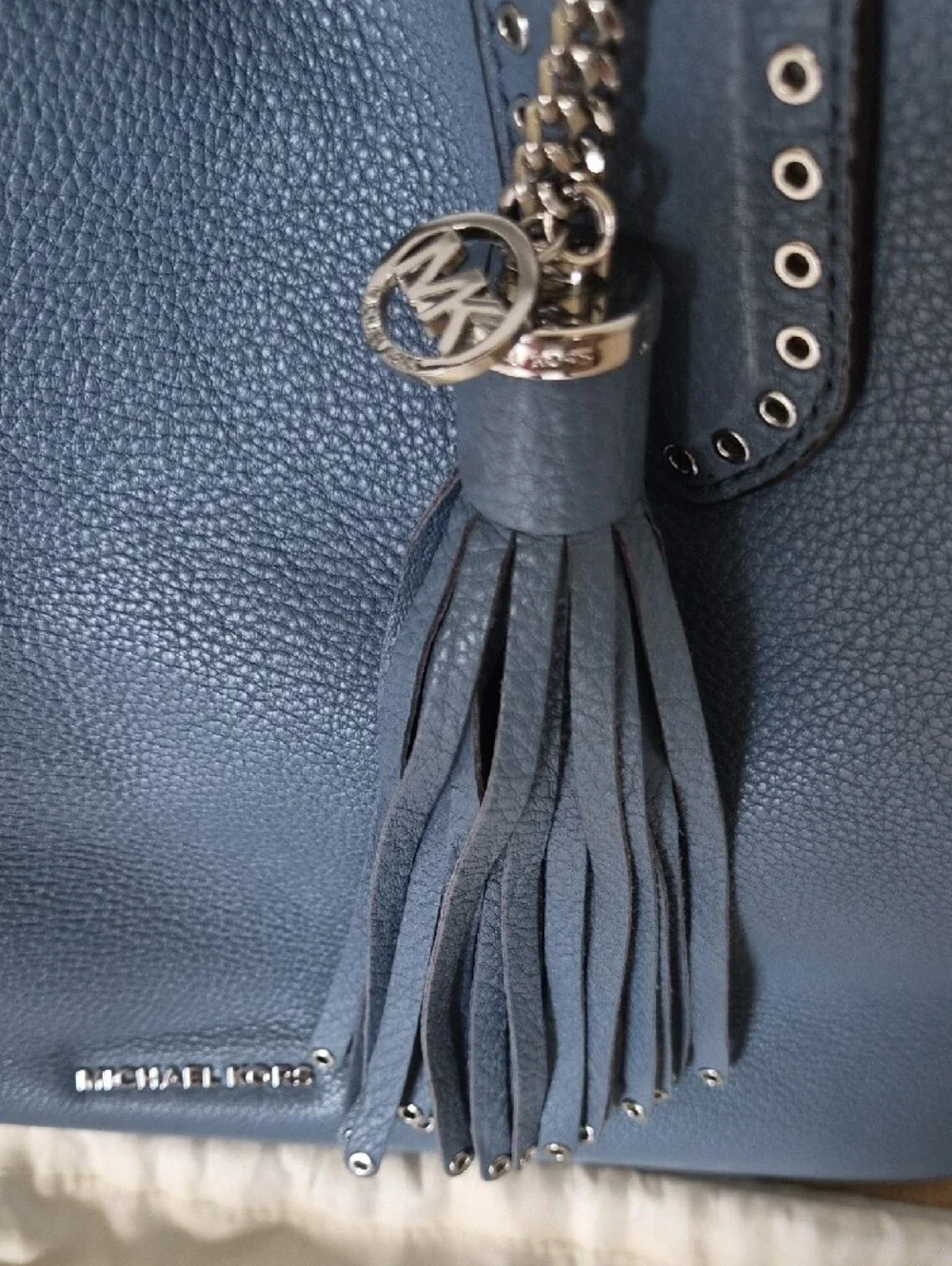 Michael Kors Dusty Blue Pebbled Leather Satchel with Tassel